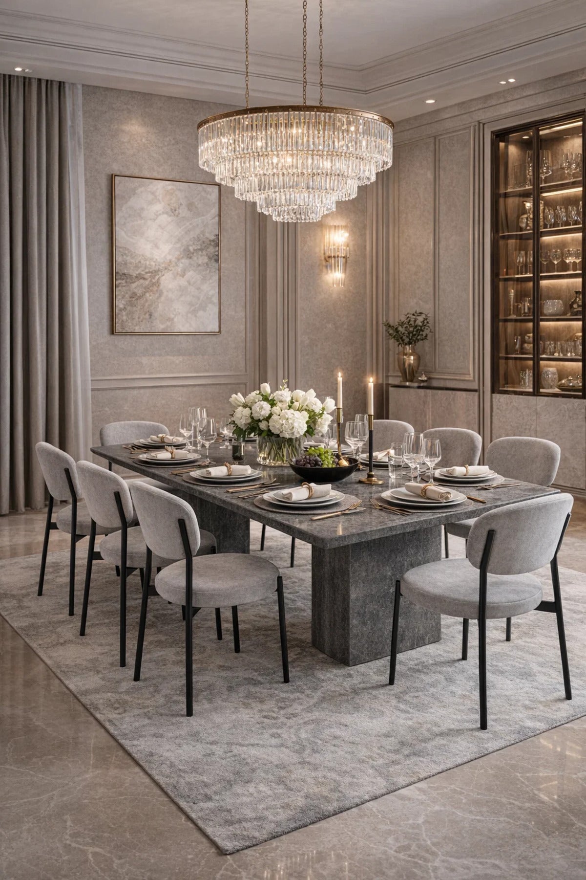 طقم طاولة طعام فاخر لـ 8 أشخاص باللون الرمادي مع سطح بتأثير الحجر العصري وكراسي منجدة للمنزل