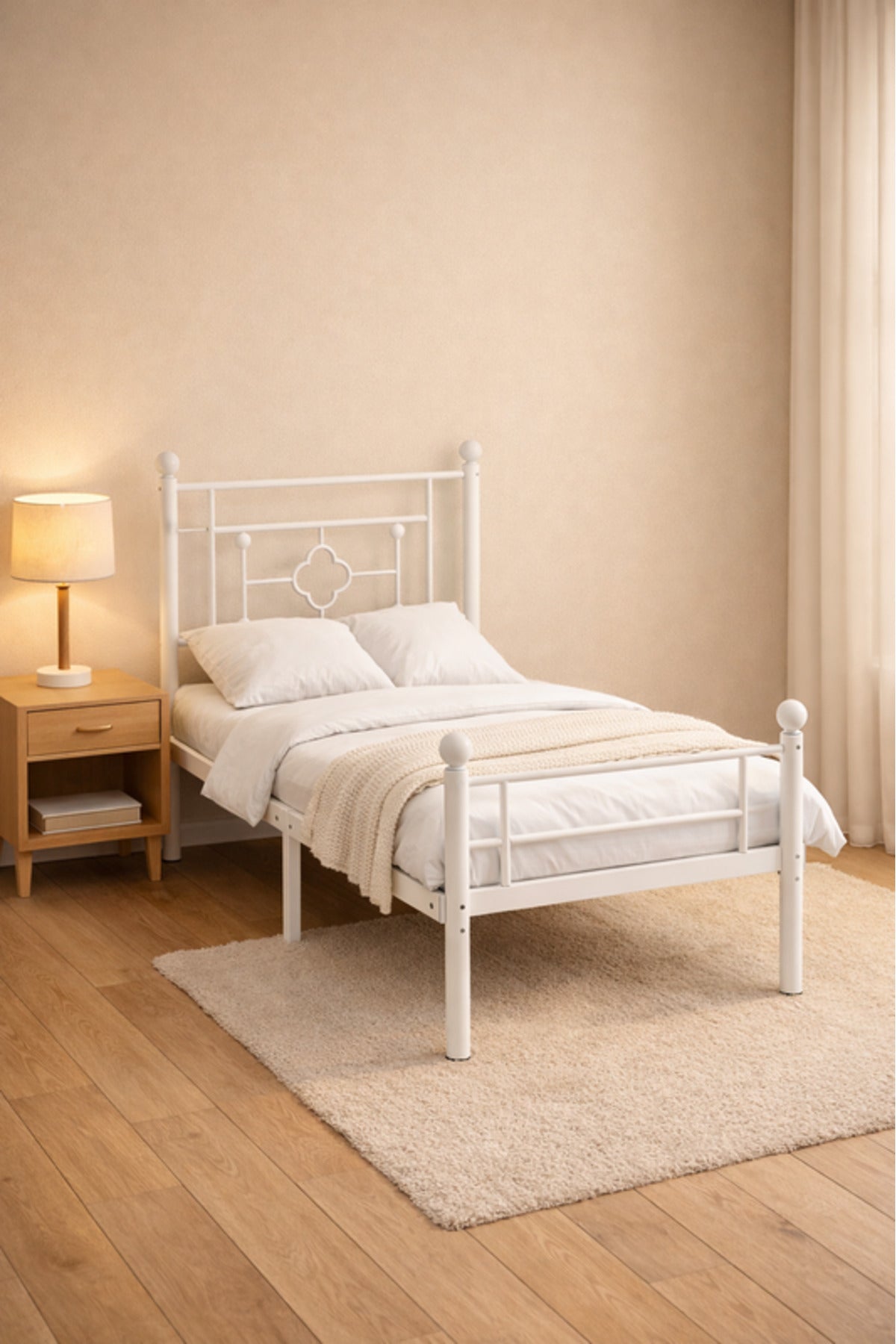 White Metal Single Bed Frame with Decorative Headboard