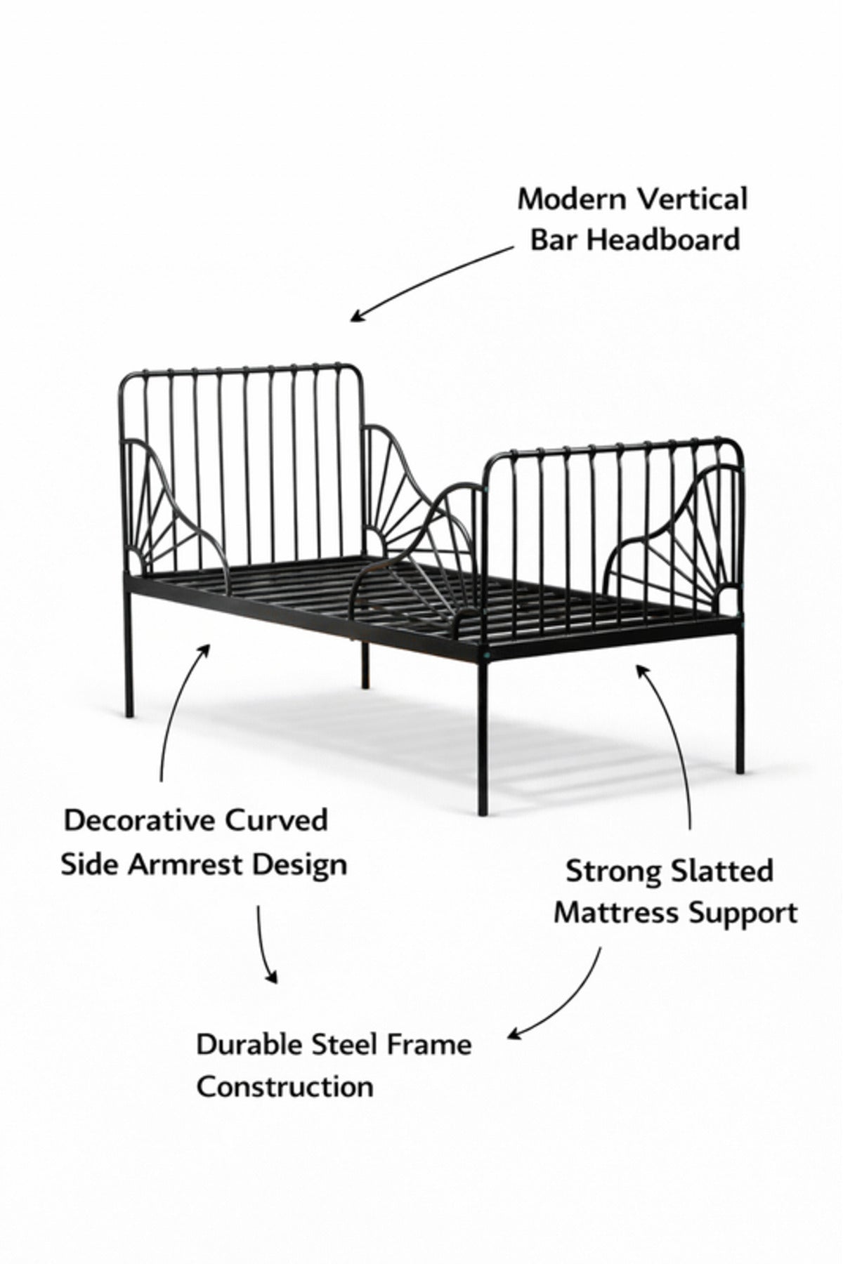 Black Metal Kids Bed Frame with Decorative Side Panels black metal kids / Base