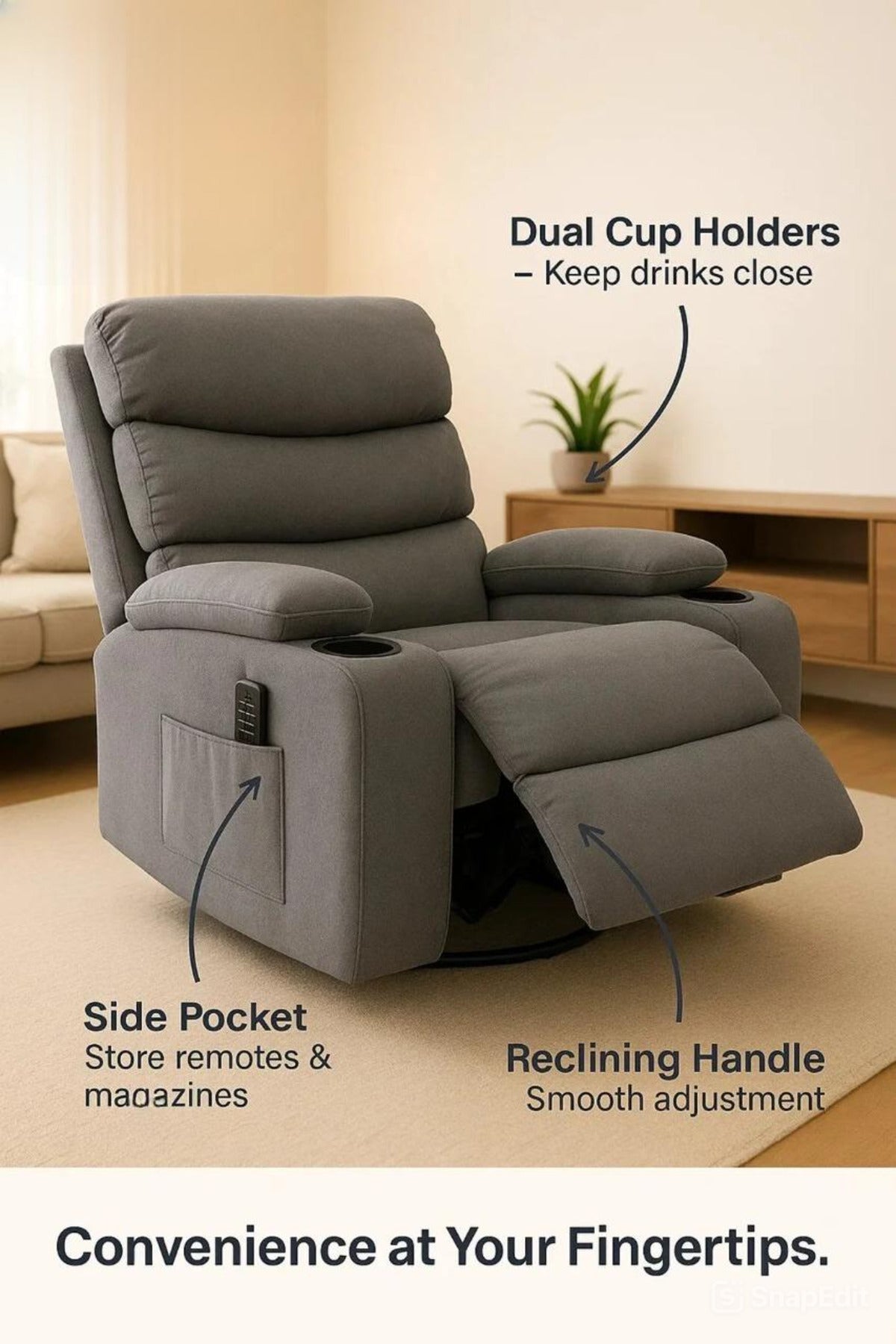 MARIA HOMES Recliner Chair with Footrest, Grey Fabric, Manual Reclining, Padded Armrests, Side Pocket
