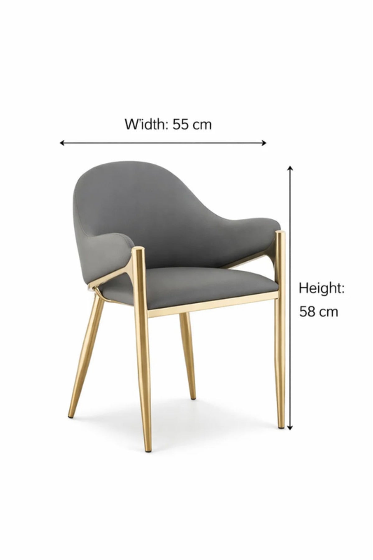 Luxury Grey Velvet Dining Chair with Gold Metal Legs & Armrests