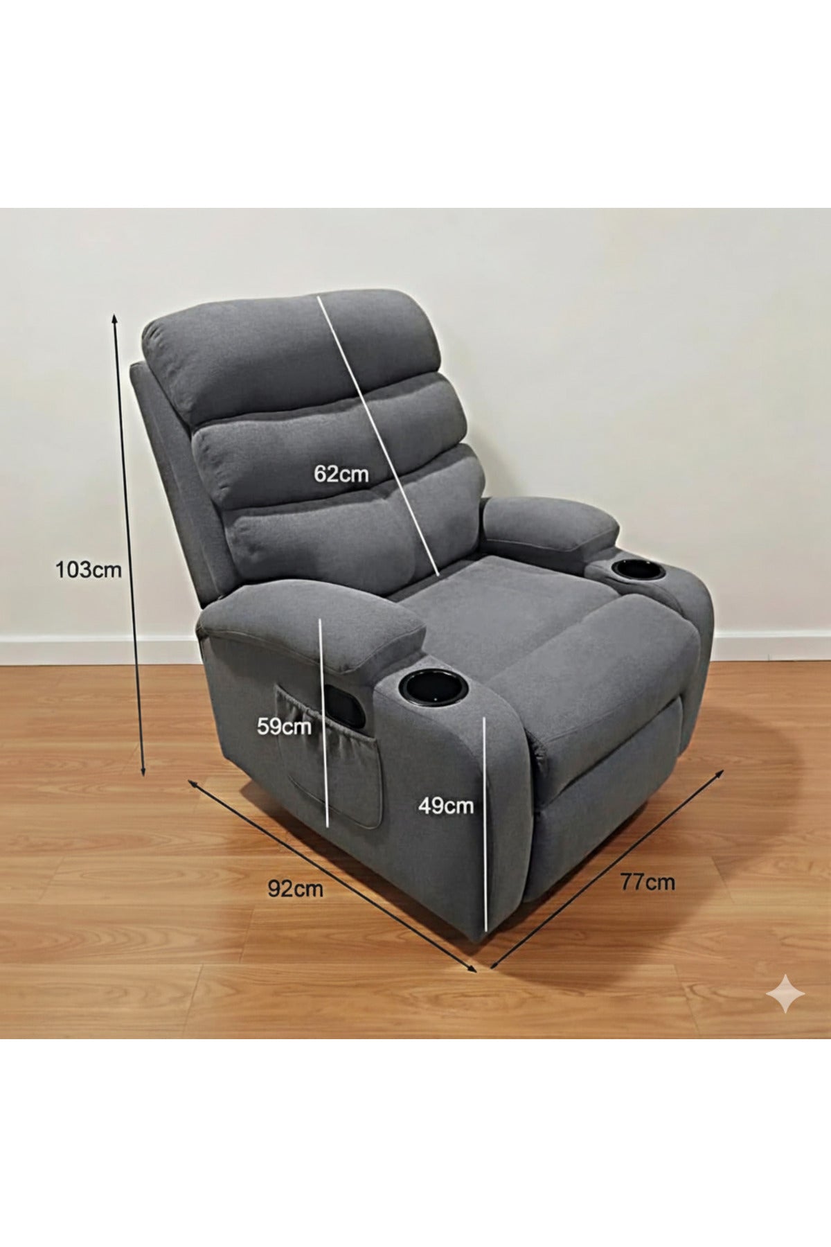 MARIA HOMES Recliner Chair with Footrest, Grey Fabric, Manual Reclining, Padded Armrests, Side Pocket