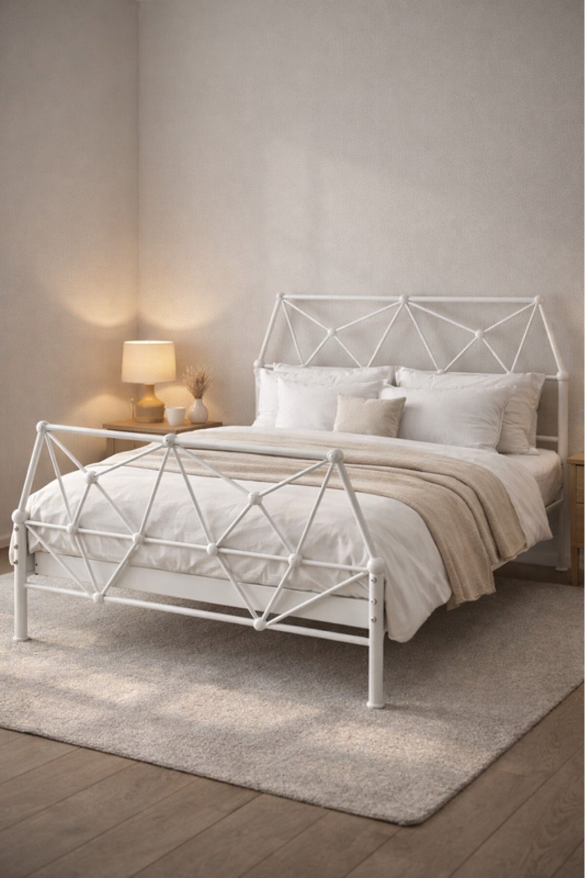 White Metal Bed Frame Geometric Headboard white metal bed