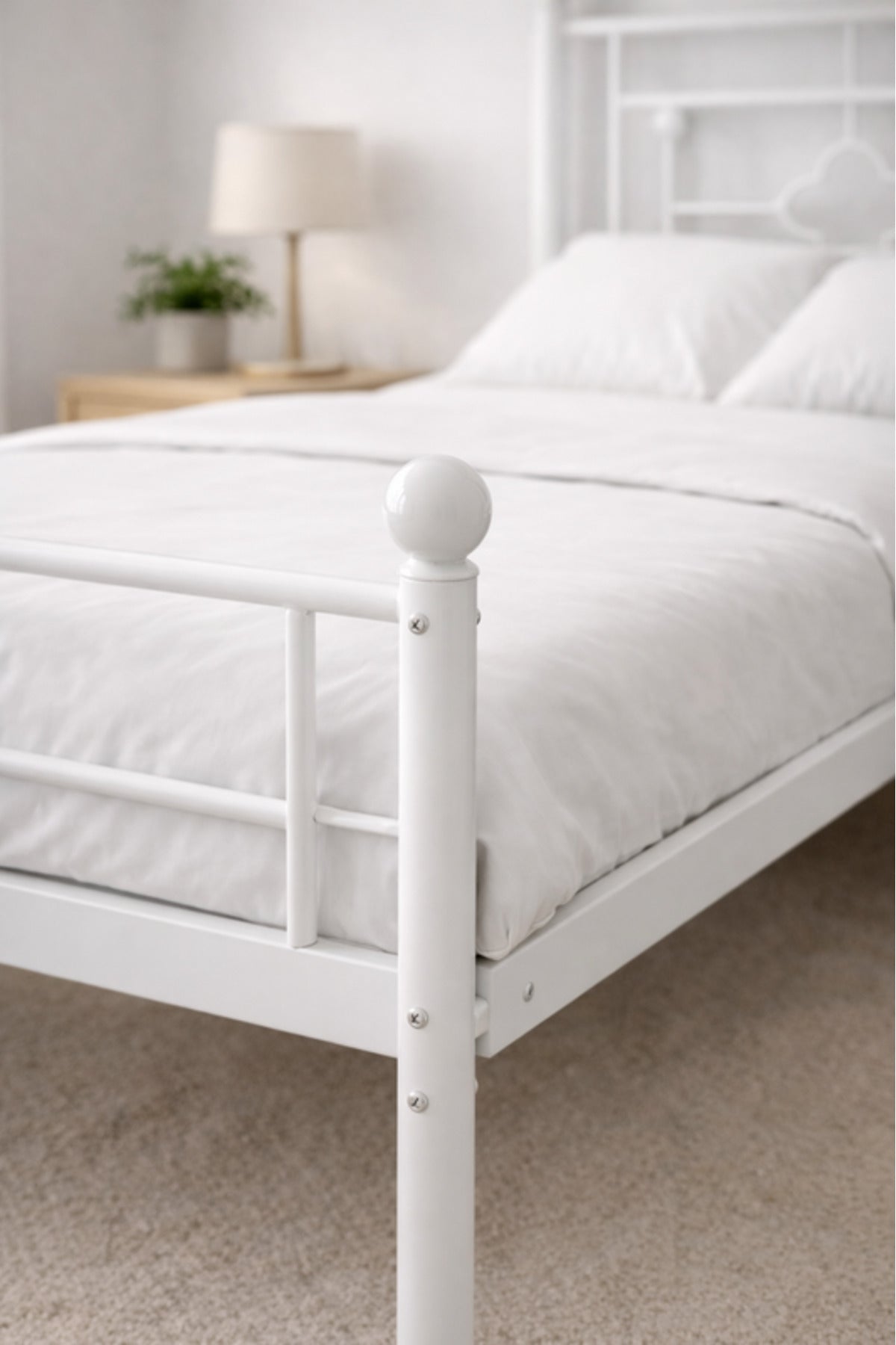 White Metal Single Bed Frame with Decorative Headboard