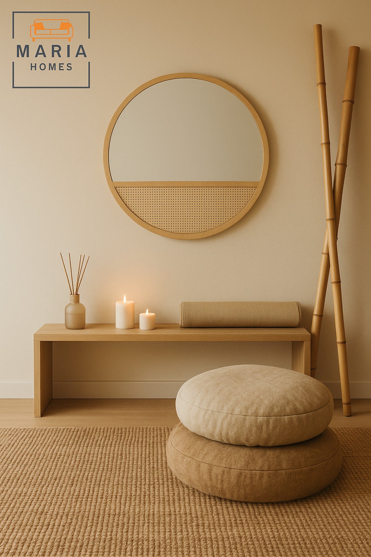 Round Wall Mirror 100 cm √ê Natural Wood Frame with Rattan Design