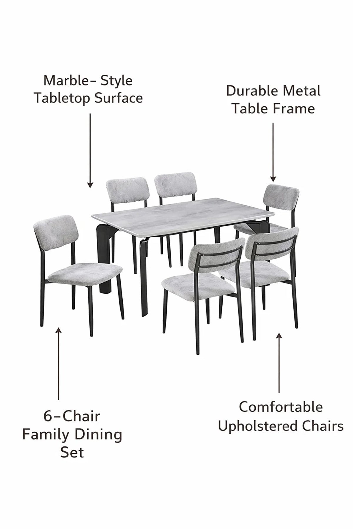 Modern Grey Dining Table Set with 6 Chairs 150 _ 90 _ 75 cm