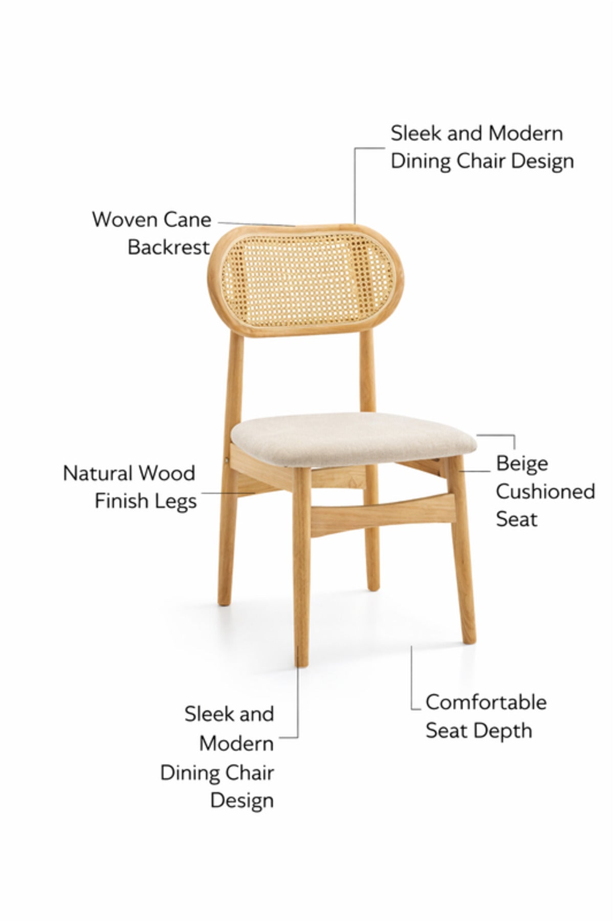 Beige Wooden Dining Chair with Rattan Backrest Upholstered Seat 86cm Height Modern