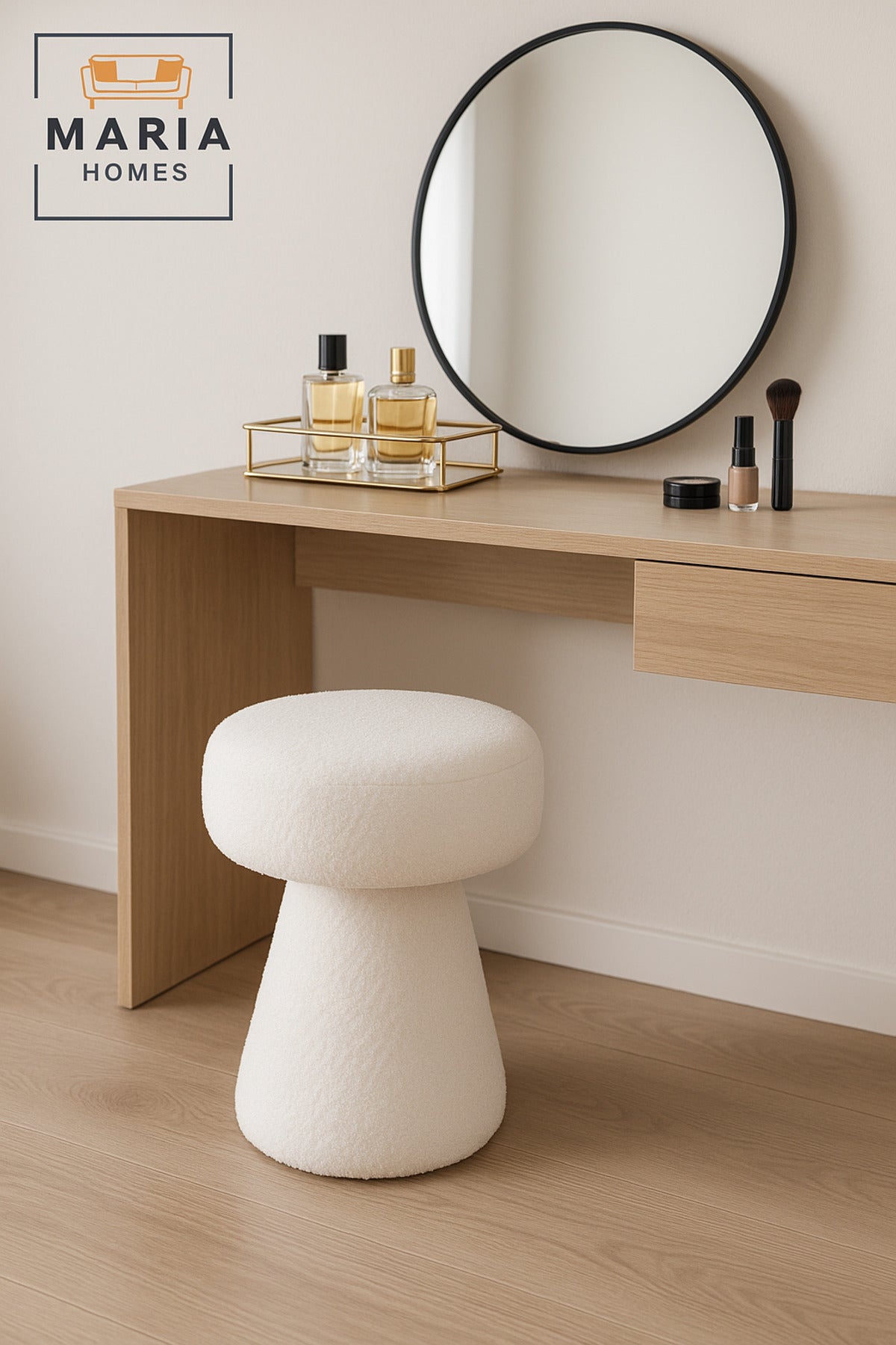 White BouclŽ Mushroom Stool Ð Modern Accent Ottoman for Living Room & Bedroom