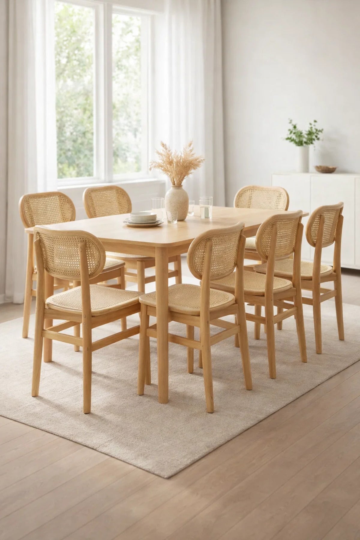 Beige Wooden Rattan Dining Chair 68cm Height Natural Cane Seat Modern beige wooden