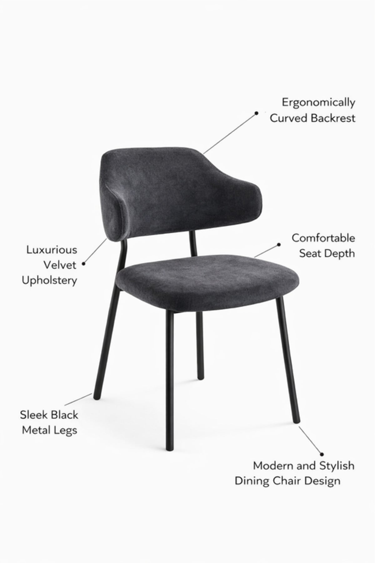 Dark Grey Upholstered Dining Chair with Metal Legs 82cm Height Modern dark grey