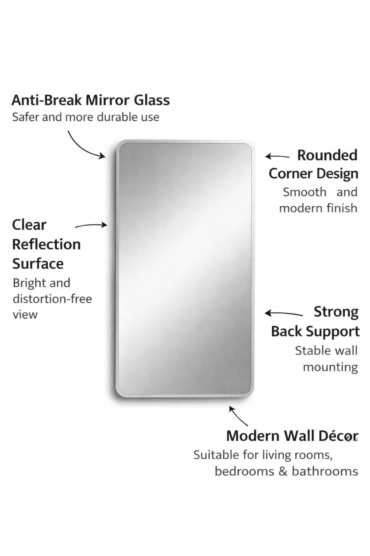 Silver Rectangular Wall Mirror for Bedroom, Bathroom, Dressing & Home D≈Ωcor