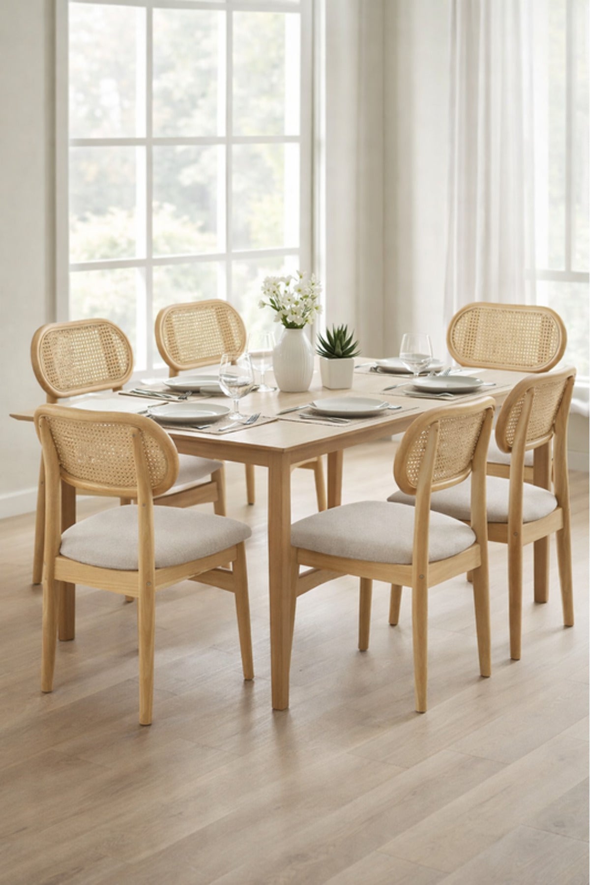 Beige Wooden Dining Chair with Rattan Backrest Upholstered Seat 86cm Height Modern