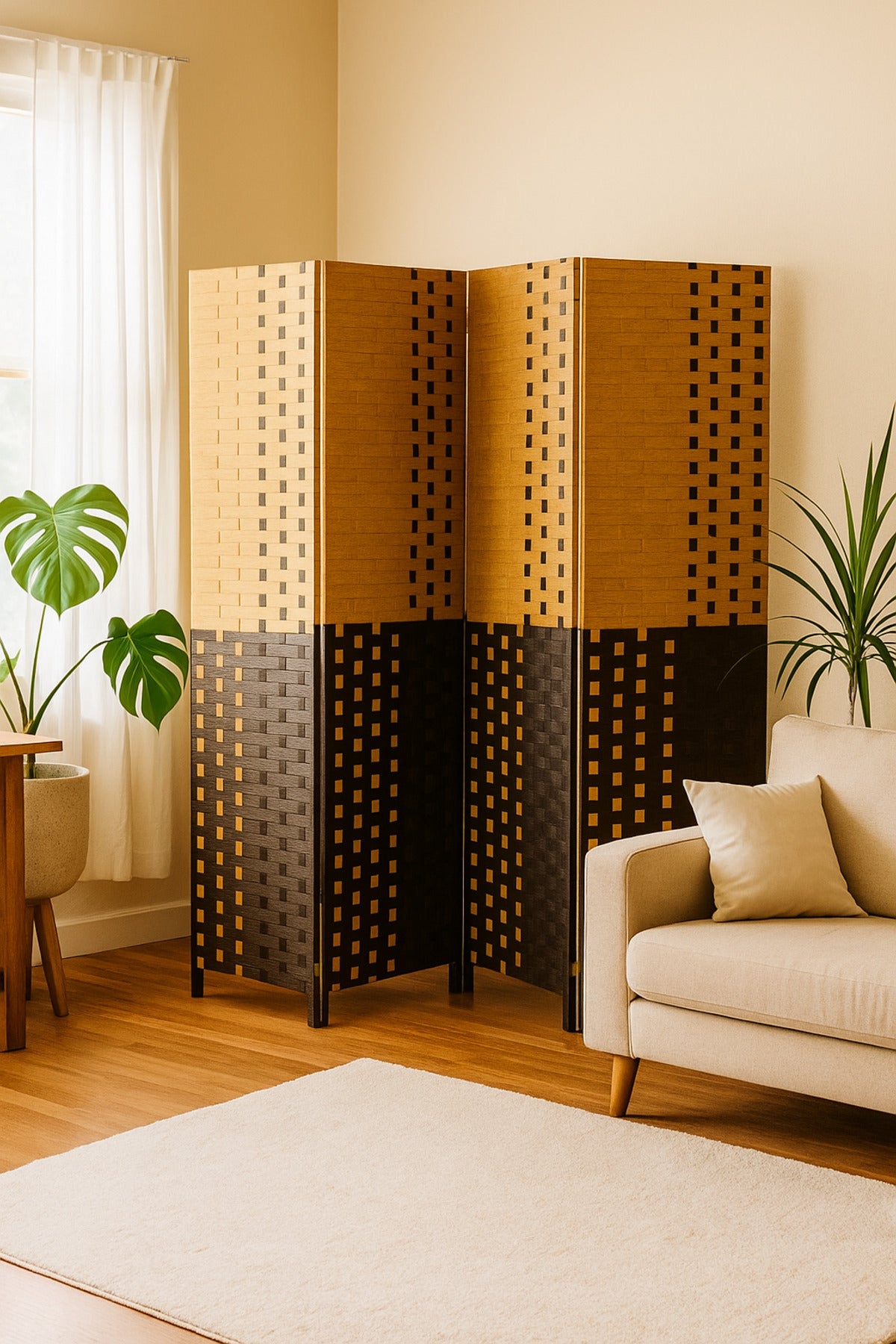 قاطع غرفة منسوج بأربع لوحات – شاشة خصوصية قابلة للطي بطول 180_200 سم باللونين البني والبيج