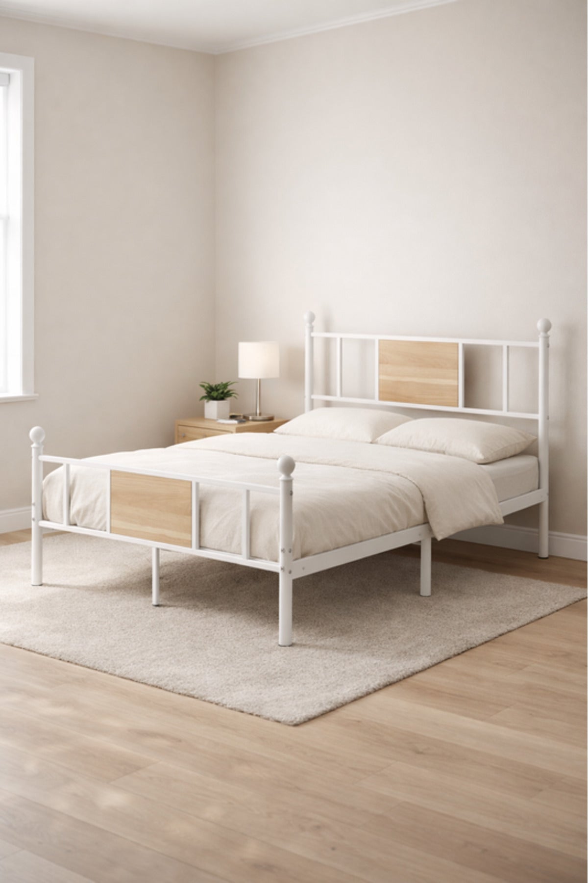 White Metal Bed Frame with Wood Accent Panel white metal bed / Base Headboard