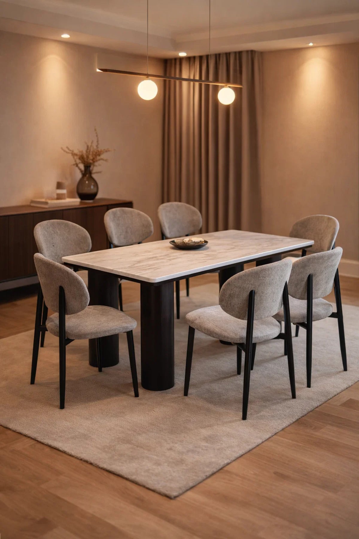 طقم طاولة طعام حديثة بسطح رخامي مع 6 كراسي مبطنة 180x100x75 سم رخام حديث