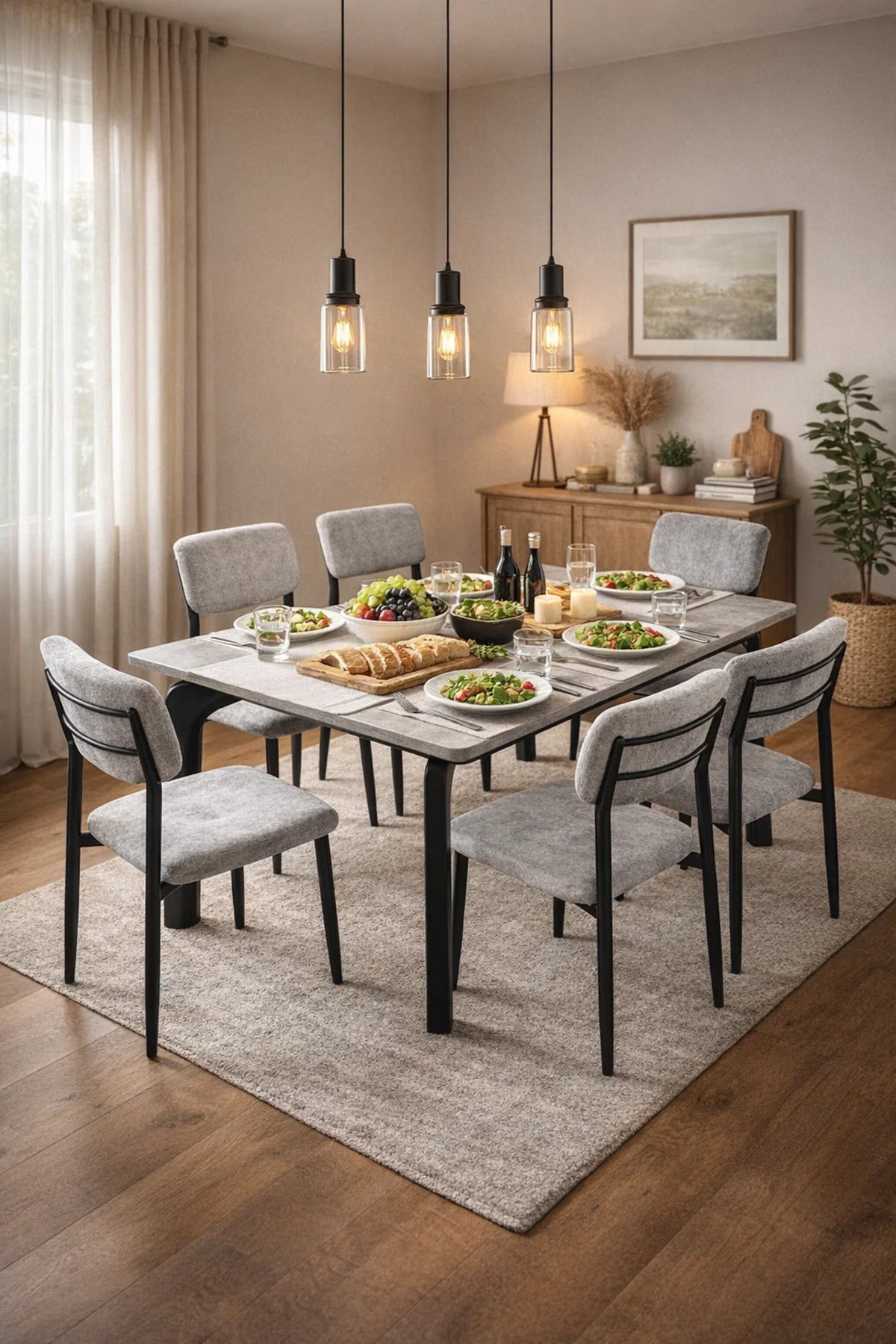 Modern Grey Dining Table Set with 6 Chairs 150 _ 90 _ 75 cm