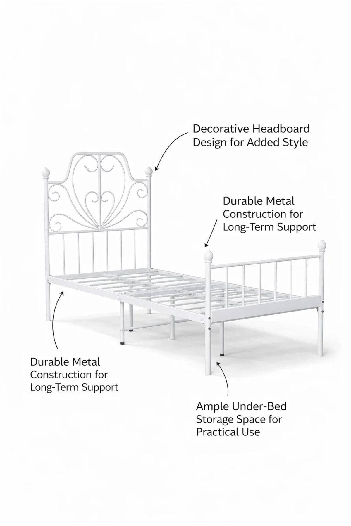 White Metal Bed Frame with Decorative Headboard WHITE (90*190 cm)