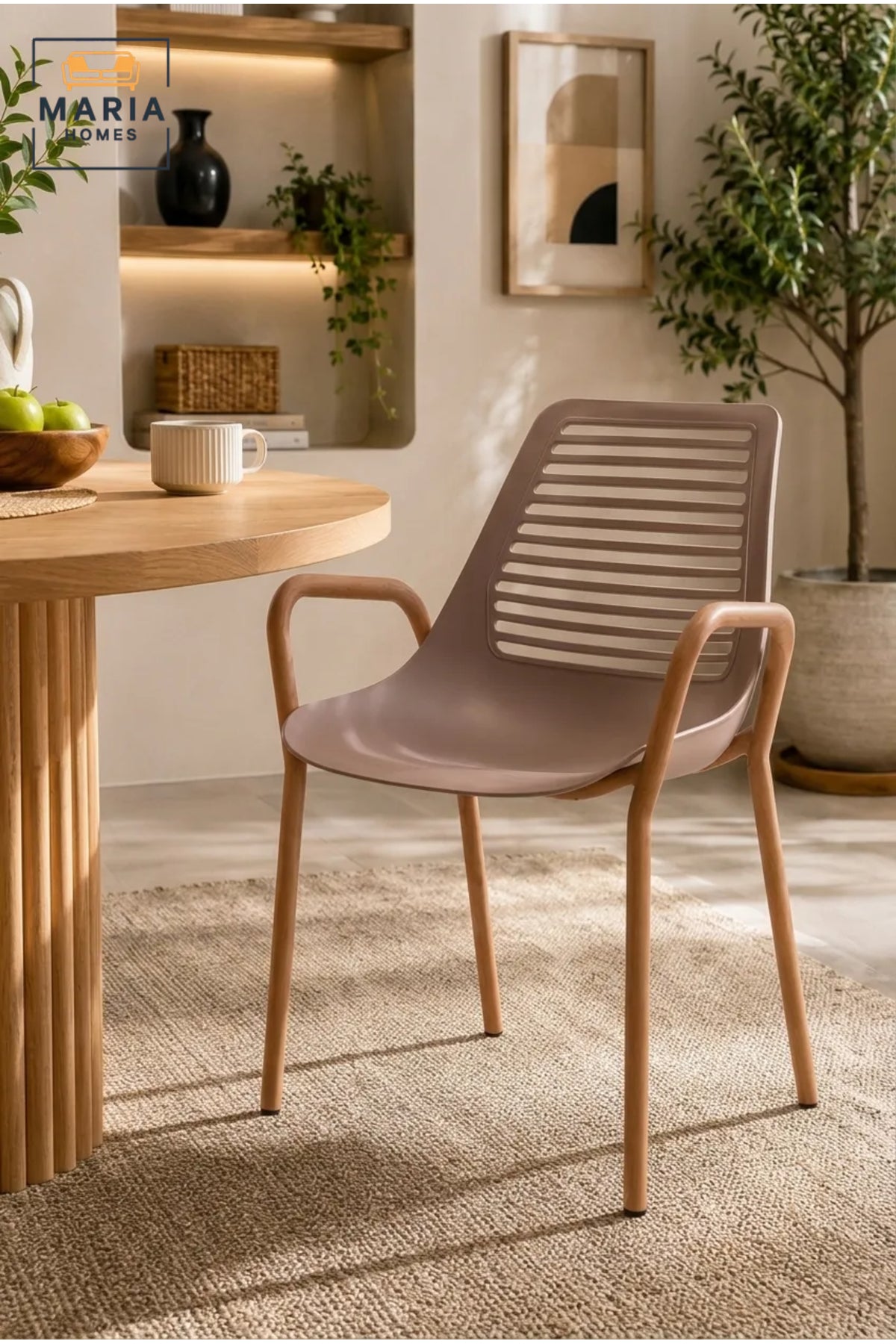 Taupe Plastic Dining Chair with Wooden Armrests √ê Modern Scandinavian Dining Chair with Natural Wood Legs for Dining Room, Kitchen & Caf≈Ω