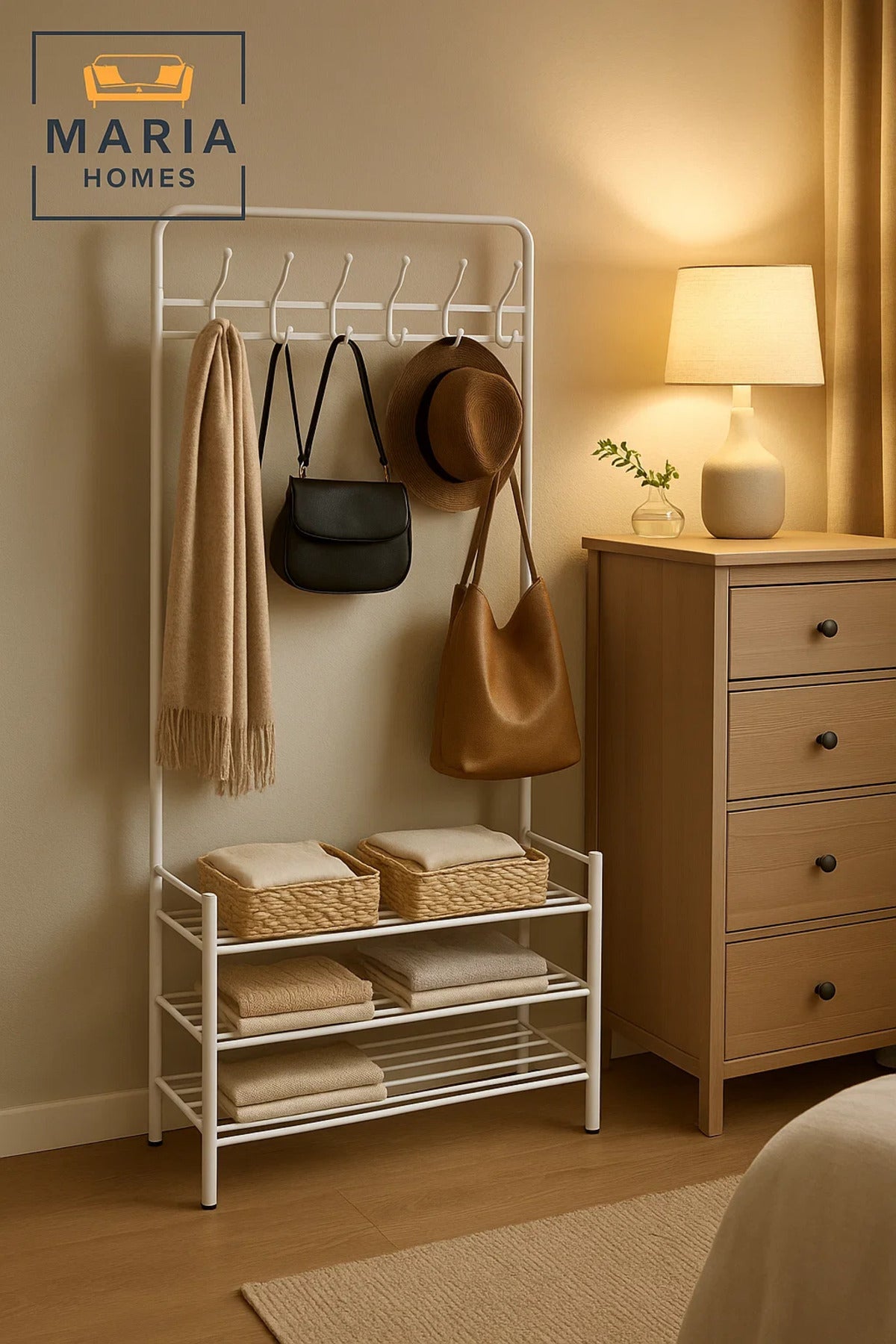 White Coat Rack with 12 Hooks & Metal Shoe Rack Ð 190x79x28 cm