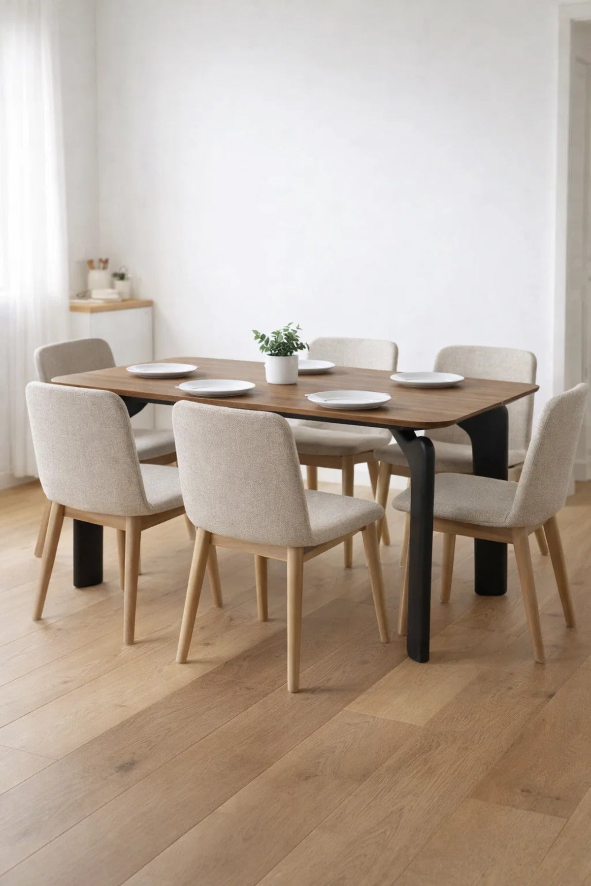 طاولة طعام مودرن بنية DT-808 - 130x80x75 سم | طاولة بسطح خشبي مع أرجل سوداء بتصميم مميز