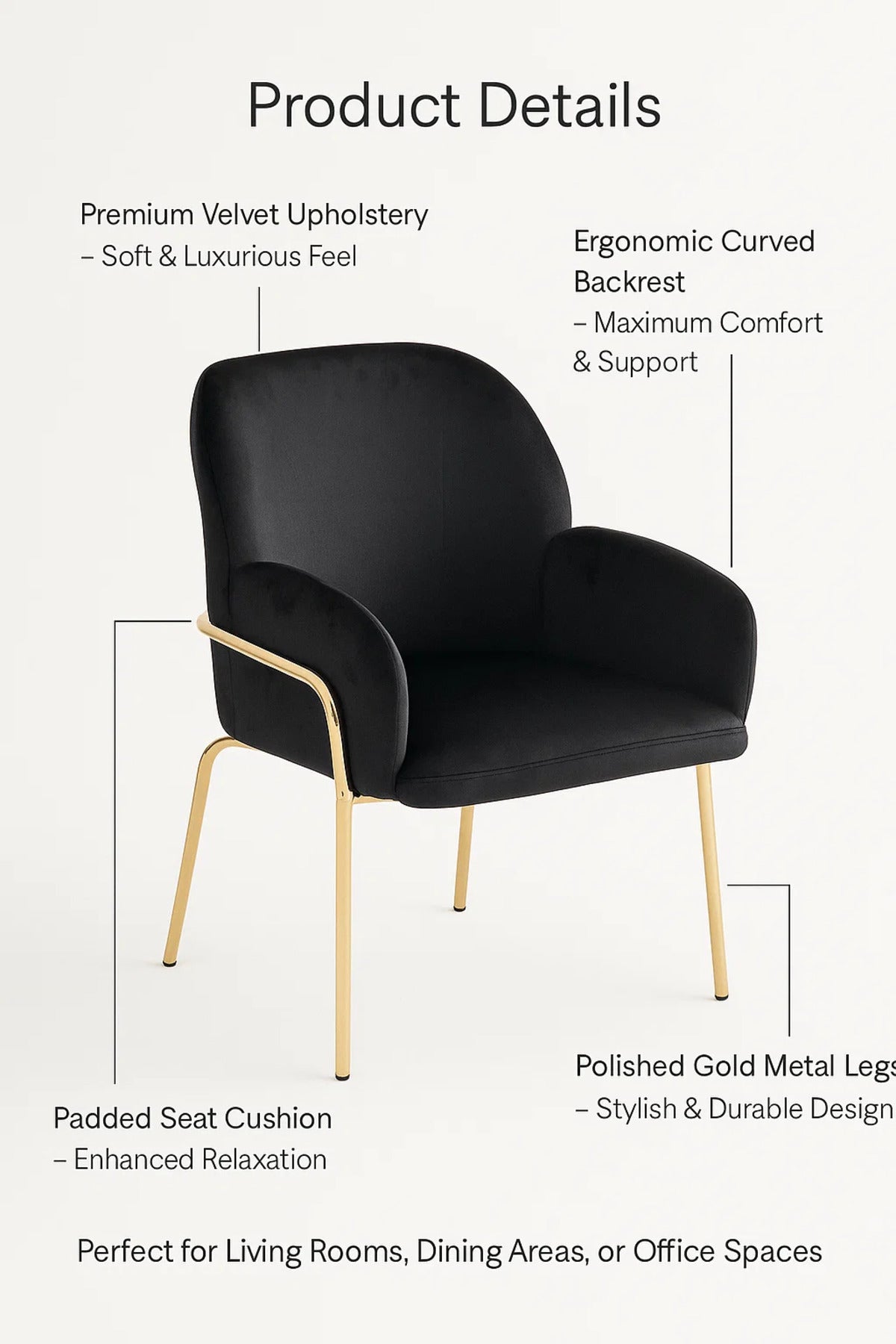 Modern Black Velvet Accent Chair with Gold Metal Legs, Comfortable Upholstered Dining & Office Chair