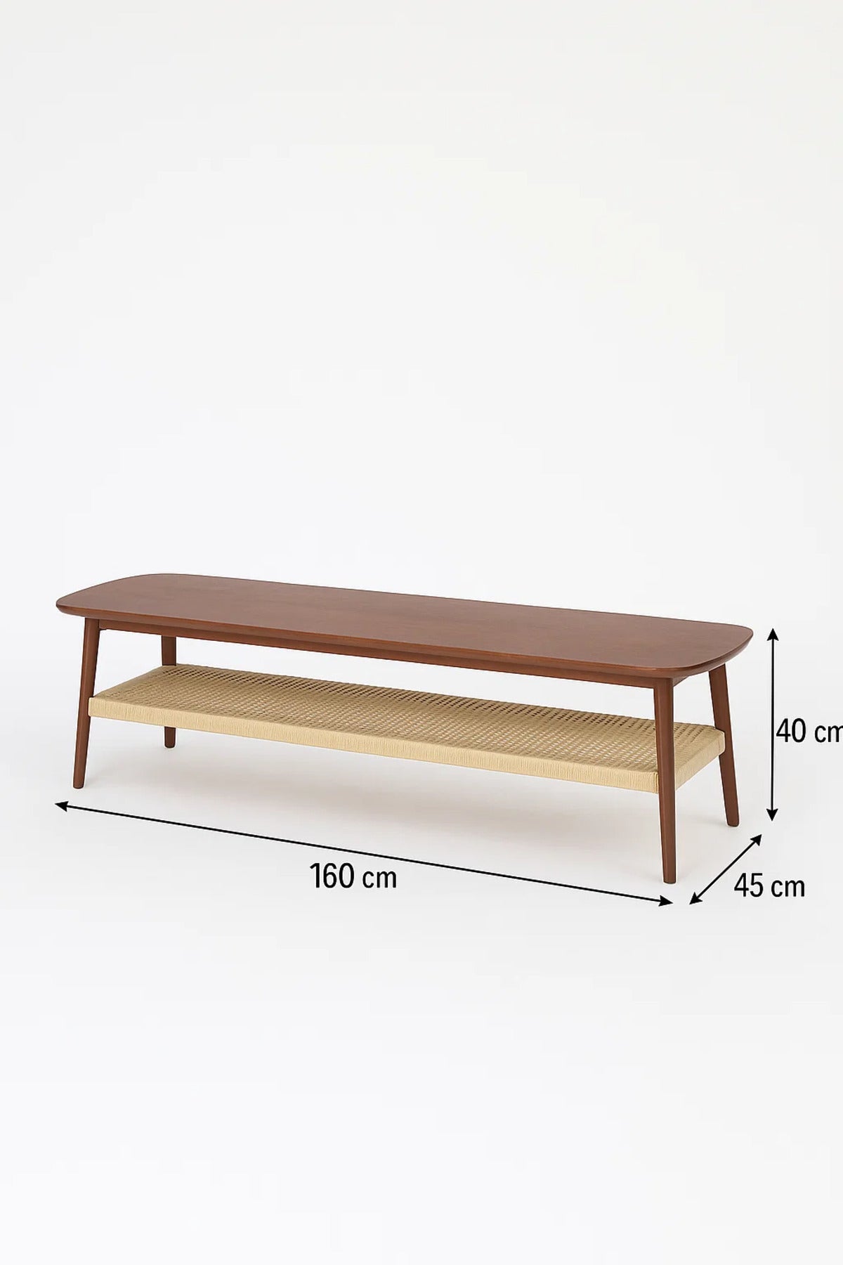 Mid-Century Modern TV Table with Woven Shelf Ð 160x40x45 cm Walnut Finish