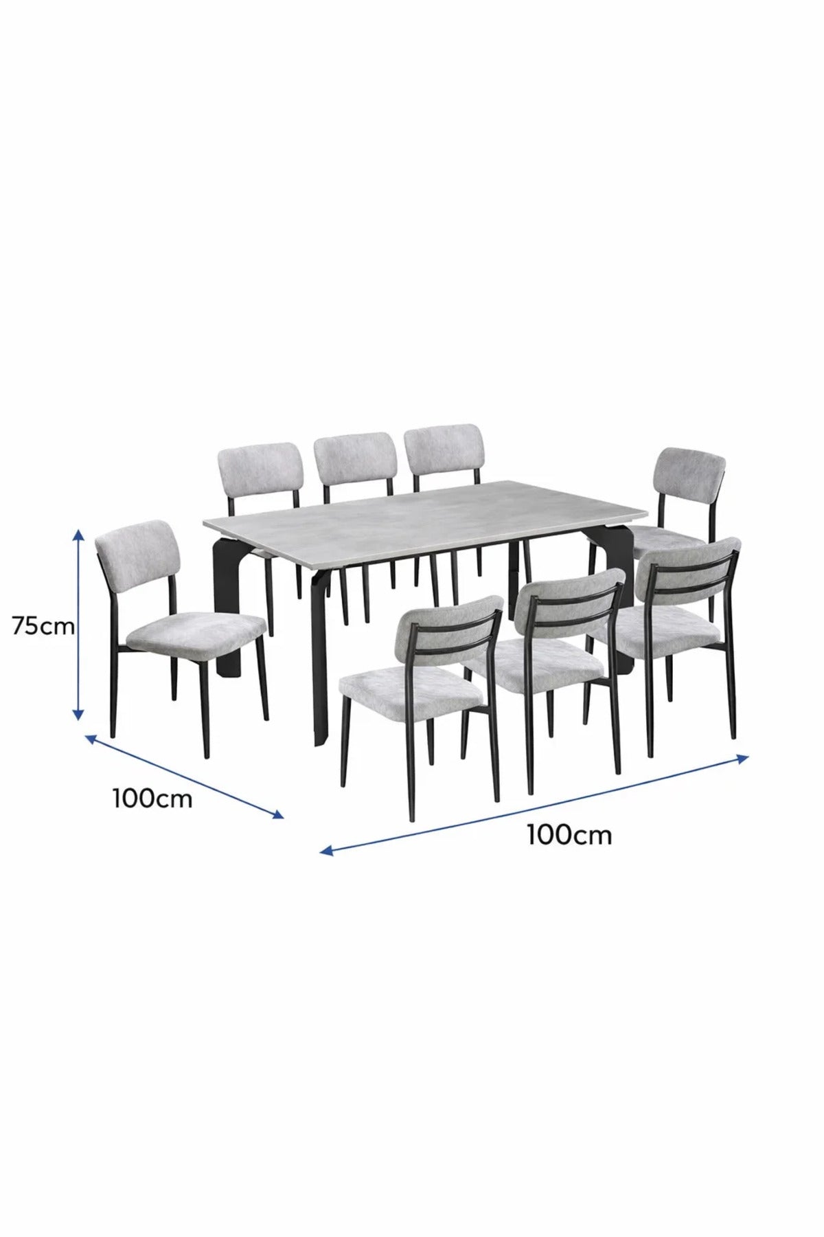 Modern 9-Piece Dining Table Set with 8 Upholstered Chairs Marble Pattern Top Black Metal Legs Grey