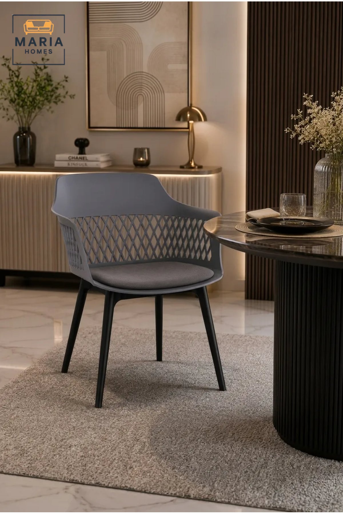 Modern Grey Plastic Dining Chair with Cushion Seat and Armrests √ê Contemporary Indoor Outdoor Chair for Dining Room, Caf≈Ω & Patio