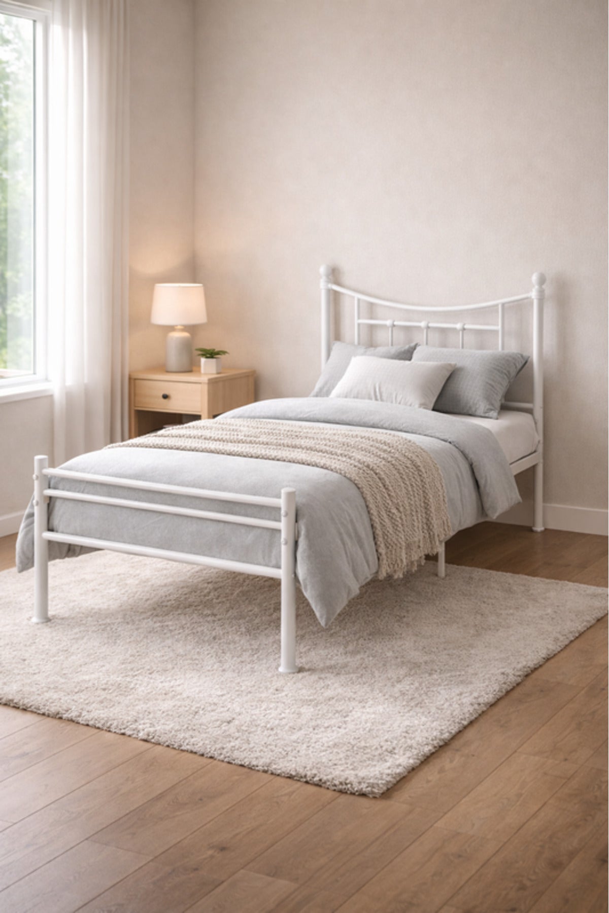 White Metal Bed Frame with Curved Headboard