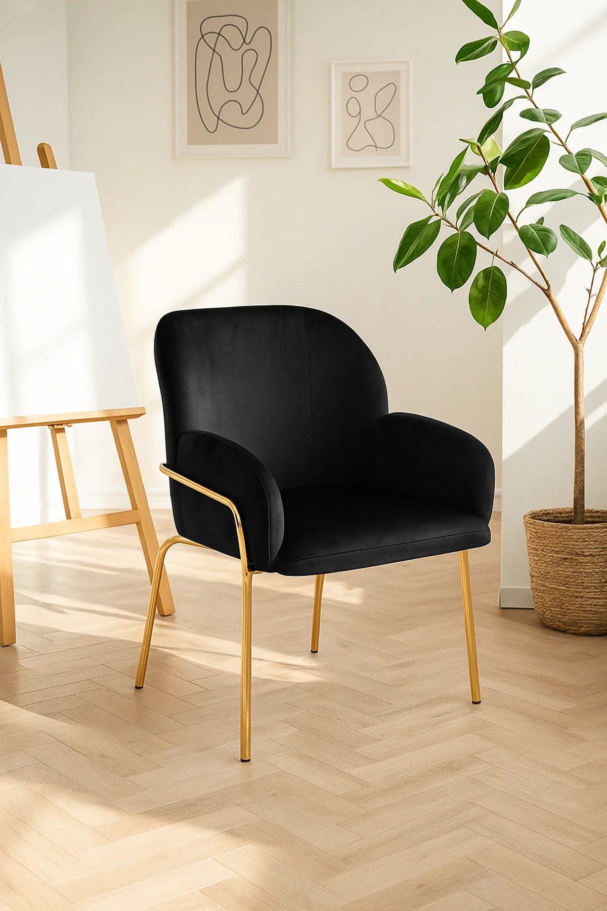 Modern Black Velvet Accent Chair with Gold Metal Legs, Comfortable Upholstered Dining & Office Chair