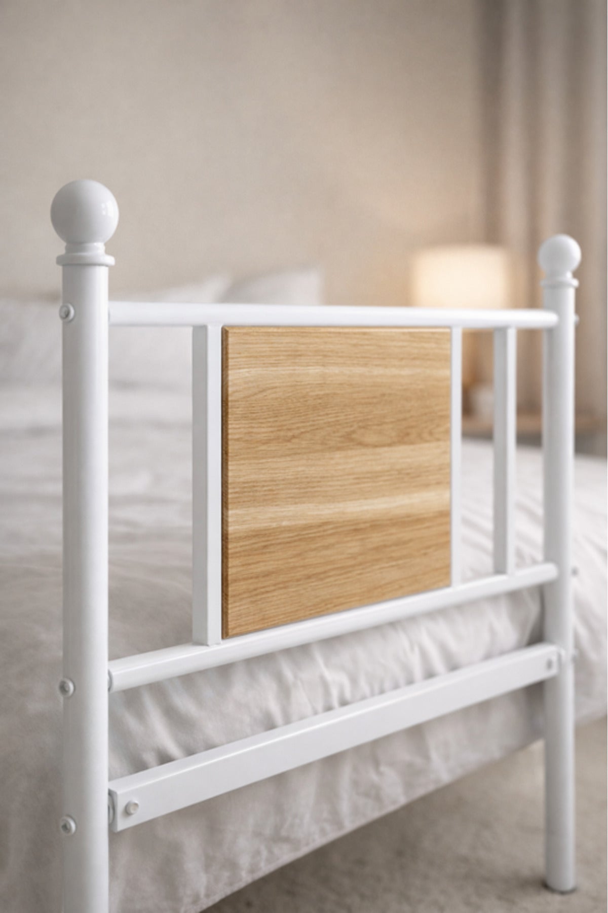 White Metal Bed Frame with Wood Accent Panel white metal bed / Base Headboard