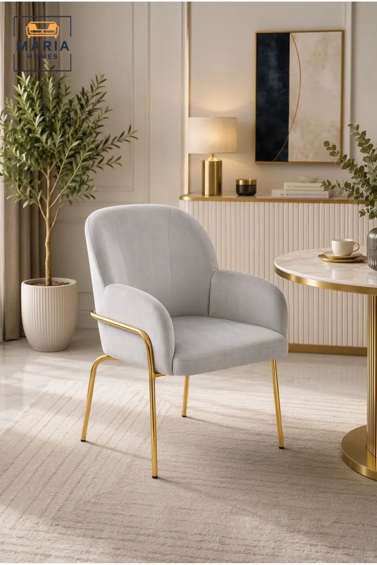 Light Grey Velvet Accent Chair with Gold Metal Legs √ê Modern Upholstered Armchair for Dining Room, Living Room, Bedroom & Lounge