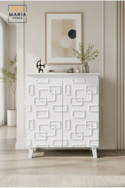 Modern 2 Door Storage Cabinet with Geometric Pattern √ê Decorative Accent Cabinet for Living Room, Bedroom & Entryway