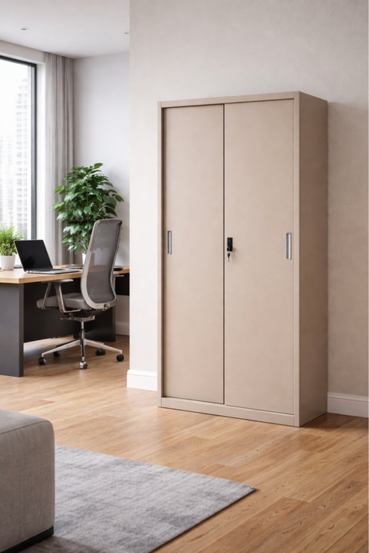 Beige Metal Storage Cabinet with Sliding Doors and Shelves 185_85_40 cm Office