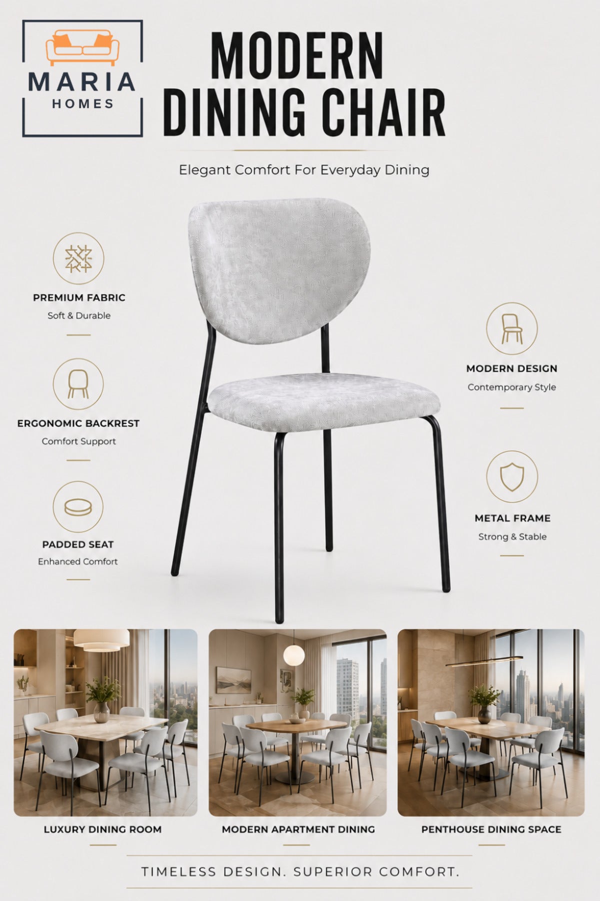 Modern Dining Chair Upholstered Fabric Kitchen Chair Metal Legs for Dining Room Grey White