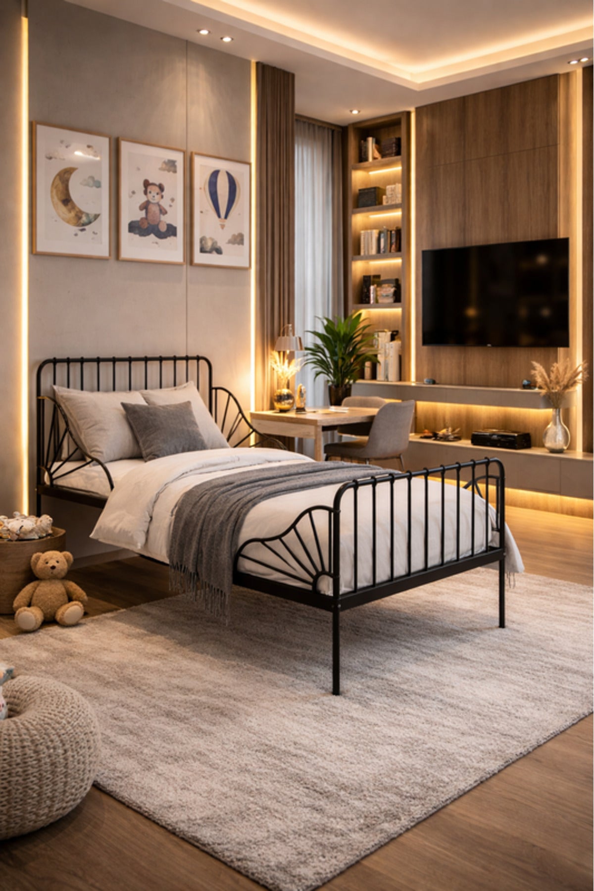 Black Metal Kids Bed Frame with Decorative Side Panels black metal kids / Base