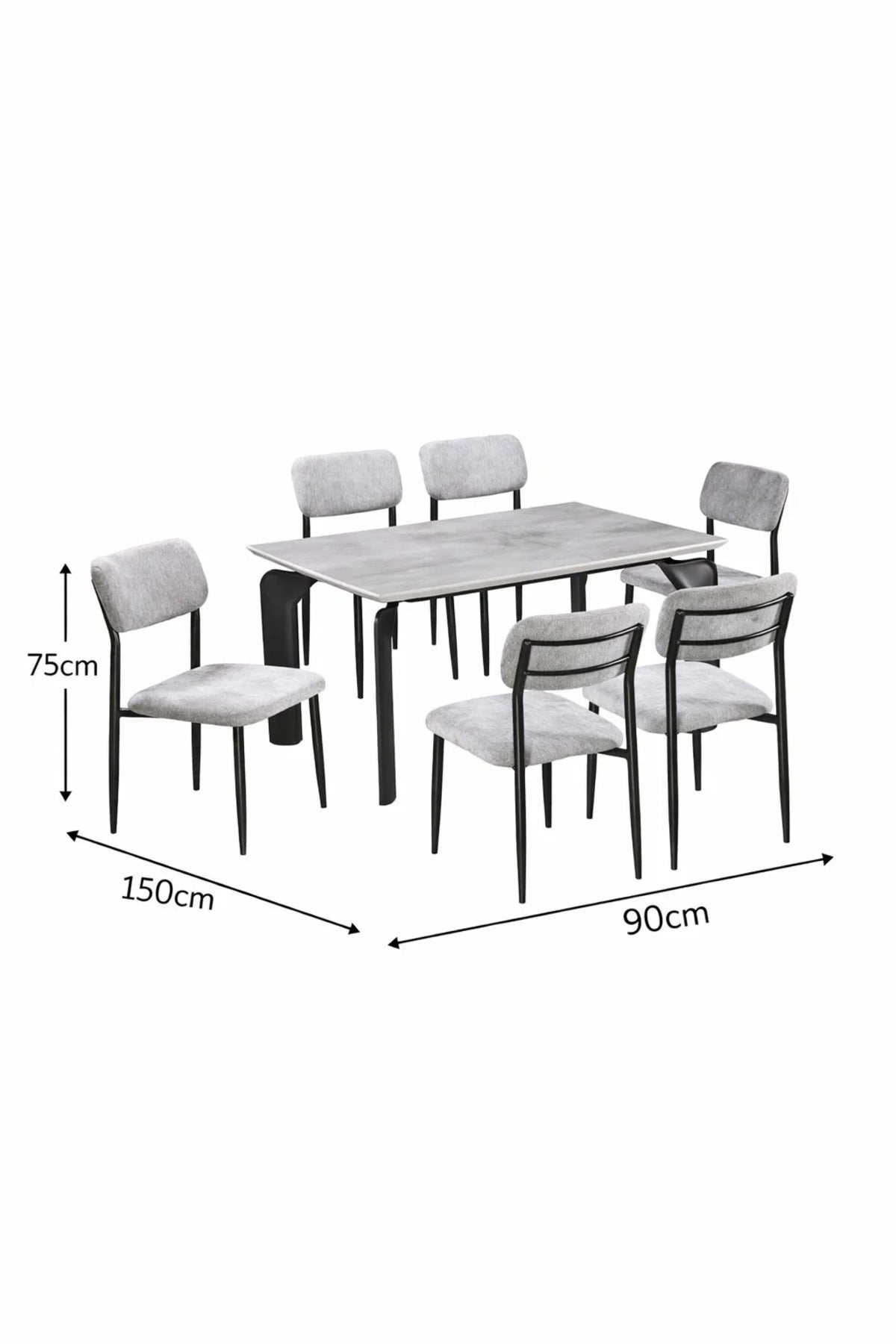 Modern Grey Dining Table Set with 6 Chairs 150 _ 90 _ 75 cm