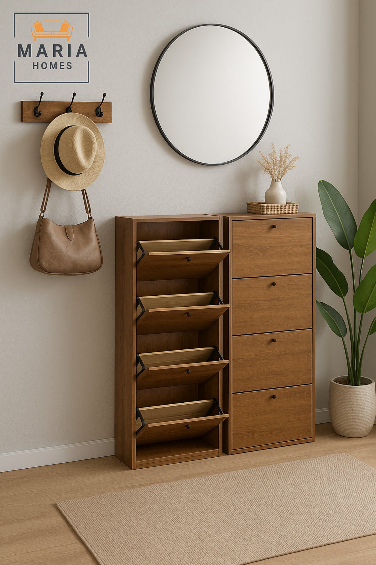 خزانة أحذية خشبية عصرية - 4 أدراج قلابة، منظم أحذية موفر للمساحة 62_25_158 سم، بني