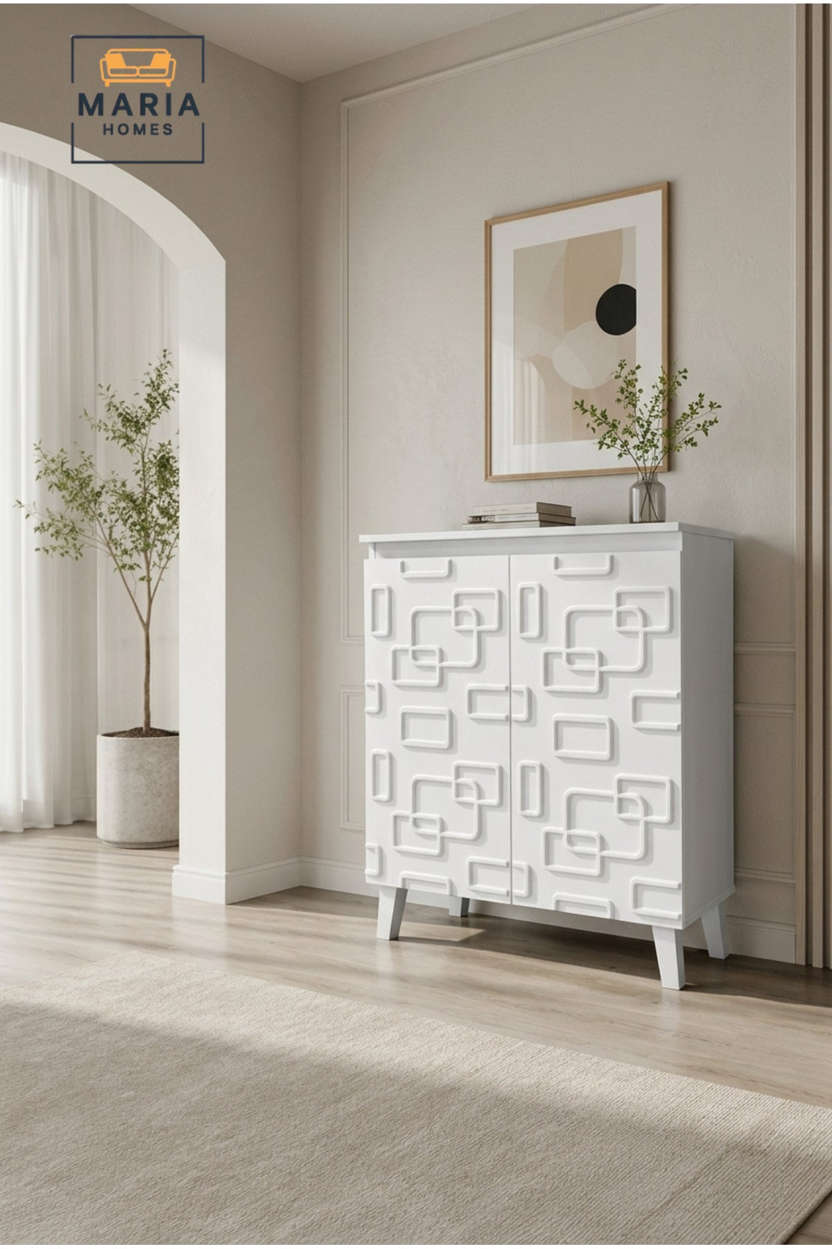 Modern 2 Door Storage Cabinet with Geometric Pattern √ê Decorative Accent Cabinet for Living Room, Bedroom & Entryway