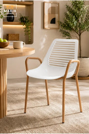 White Plastic Dining Chair with Wooden Armrests √ê Modern Scandinavian Dining Chair with Natural Wood Legs for Kitchen, Dining Room & Caf≈Ω