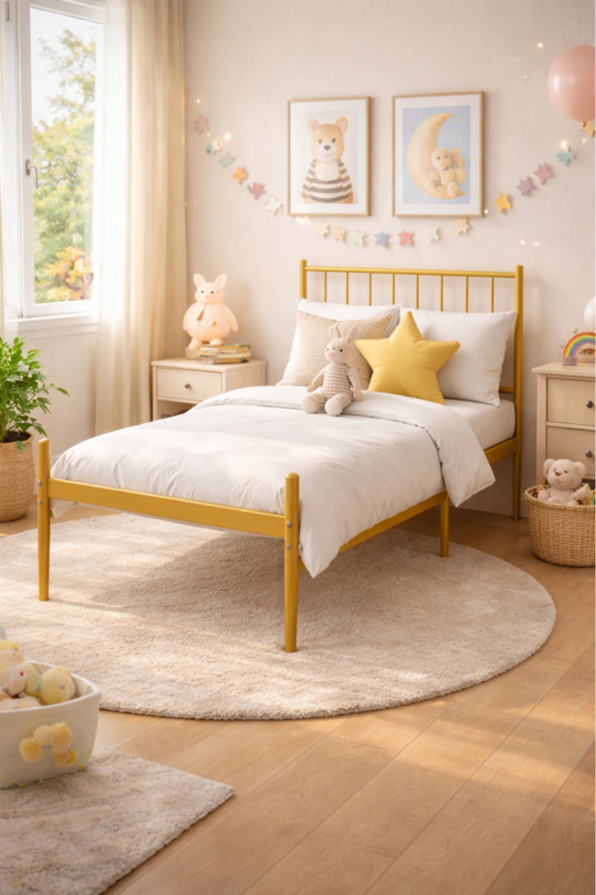 Gold Metal Single Bed Frame with Vertical Headboard gold metal single / Base
