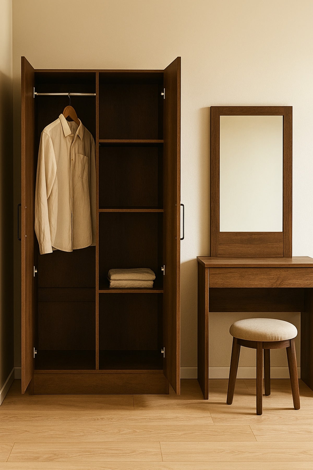 2-Door Wooden Wardrobe with Shelves Ð 80_54_200 cm Modern Storage Cabinet in Brown