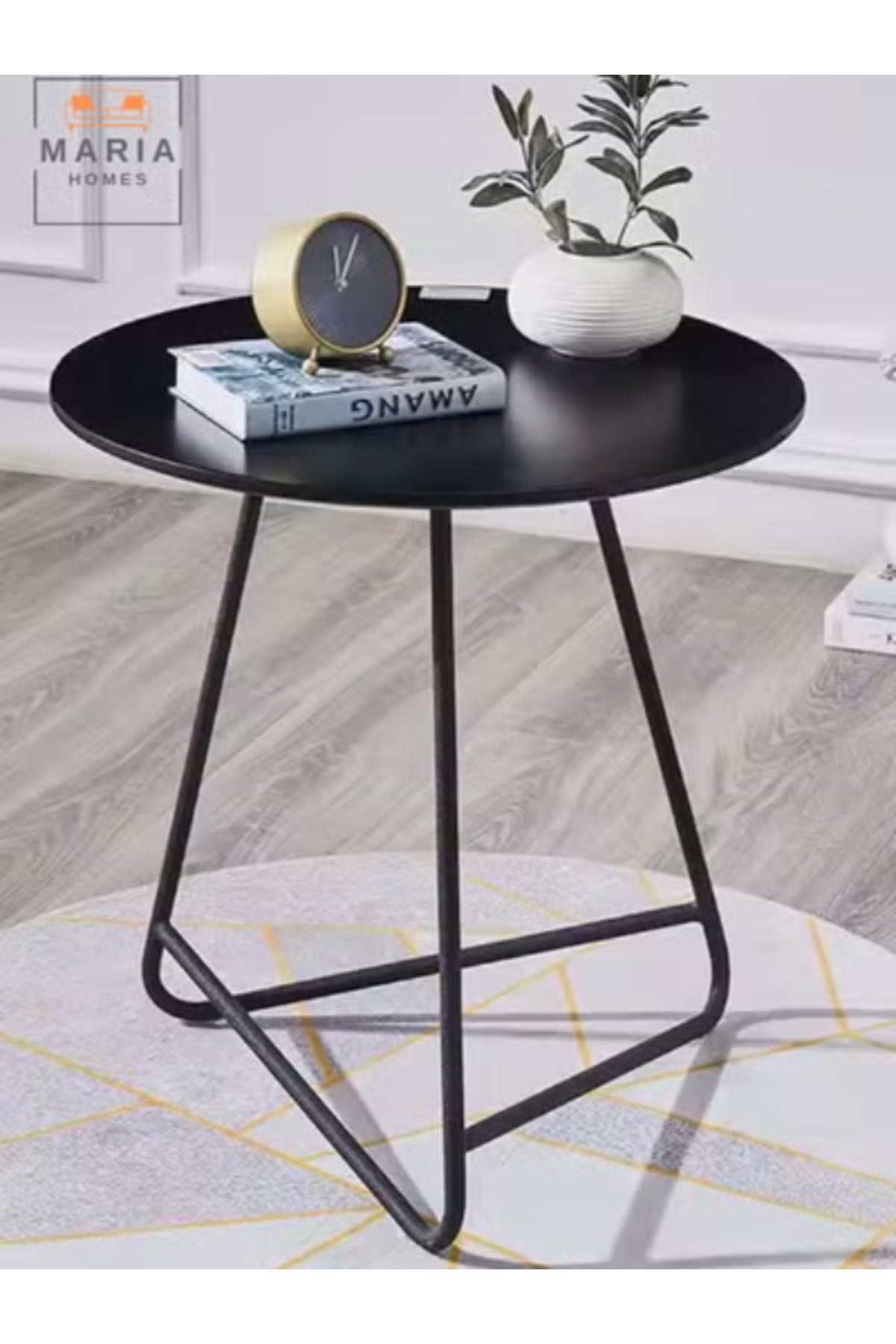Modern Black Round Side Table with Geometric Metal Frame Perfect for Living Rooms and Offices
