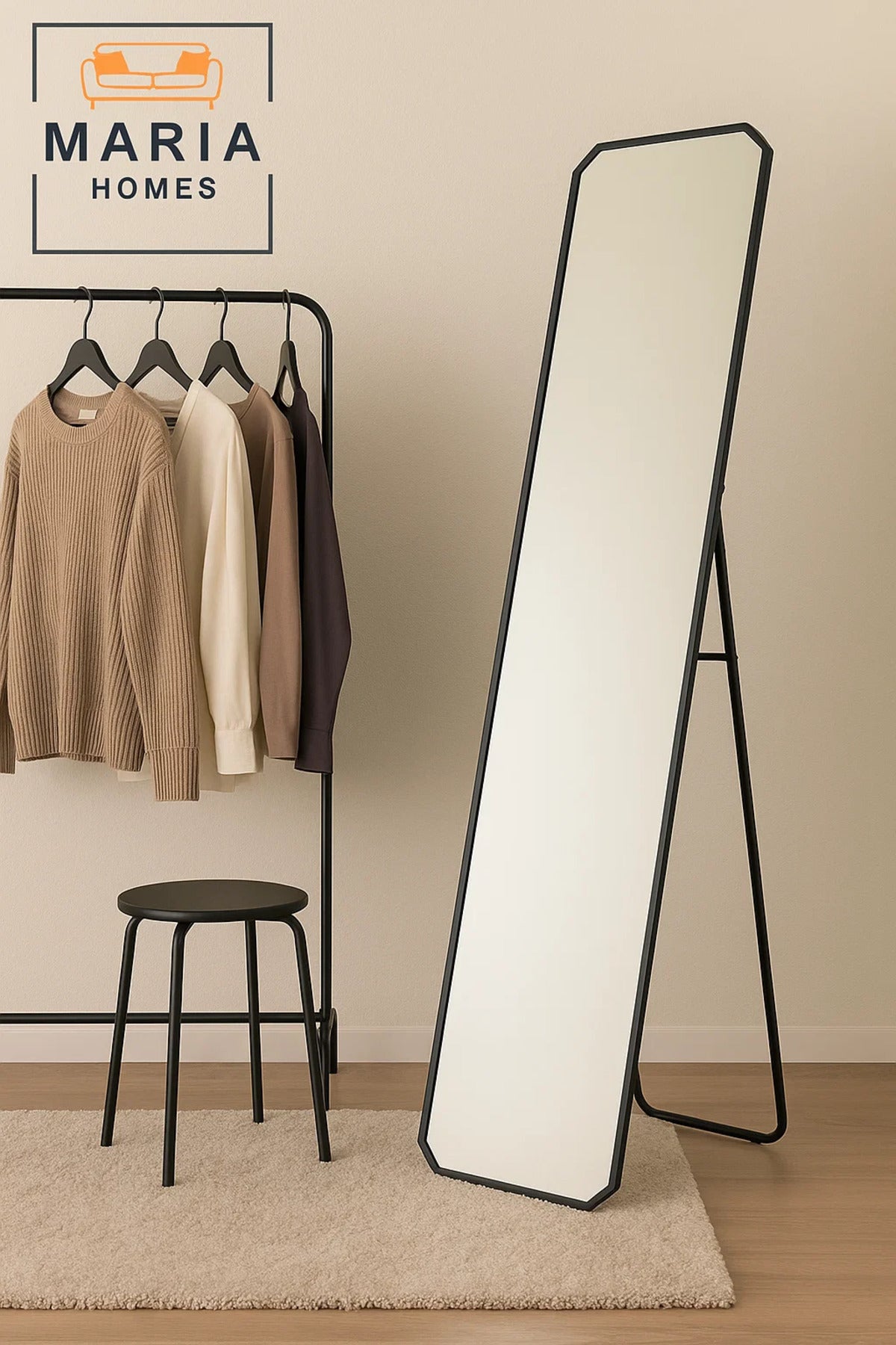 Black Full-Length Dressing Mirror with Angled Corners Ð 160x40cm Standing Floor Mirror for Bedroom