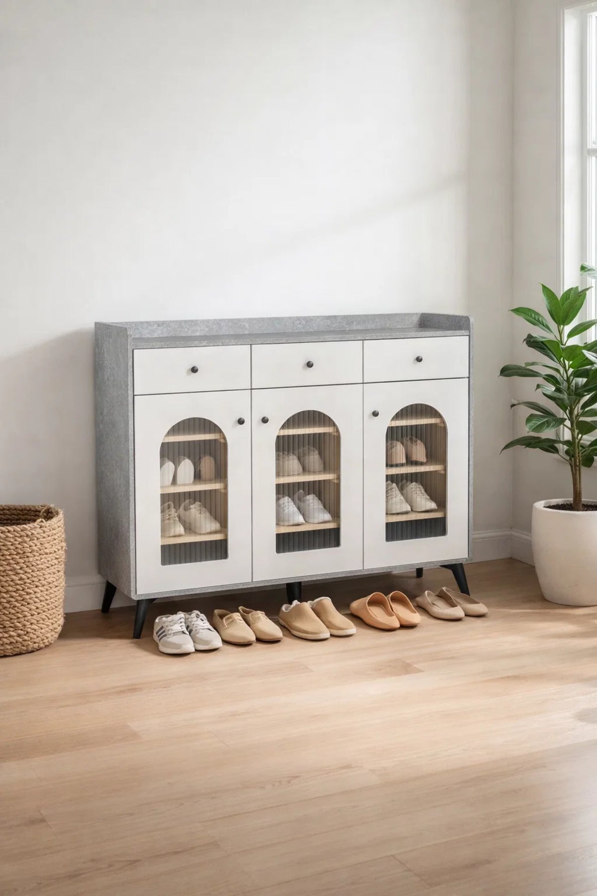 Elegant Grey and White Shoe Cabinet Sideboard with 3 Drawers and Glass Doors 120cm Hallway Unit