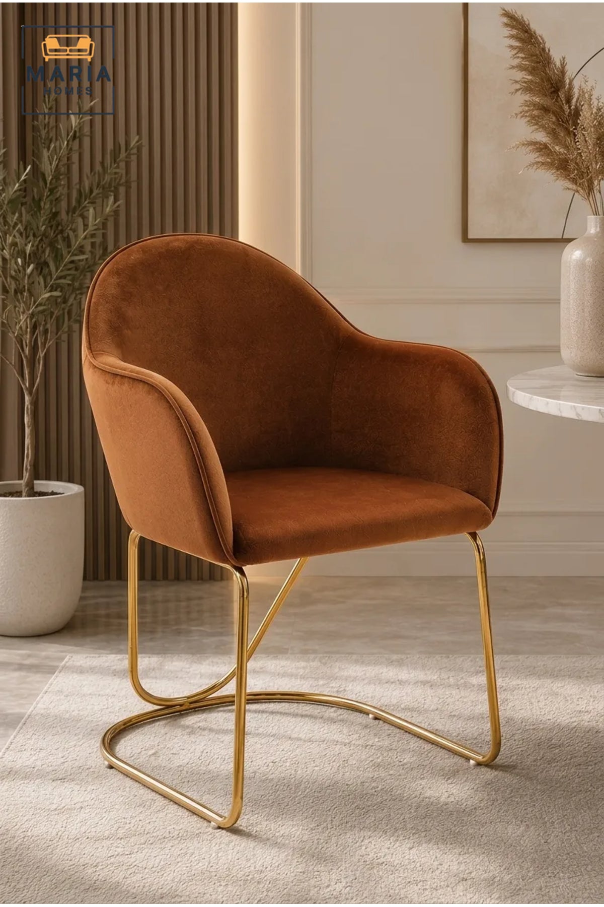 Brown Velvet Dining Chair with Gold Metal Sled Base √ê Modern Upholstered Accent Chair for Dining Room, Living Room & Luxury Interiors