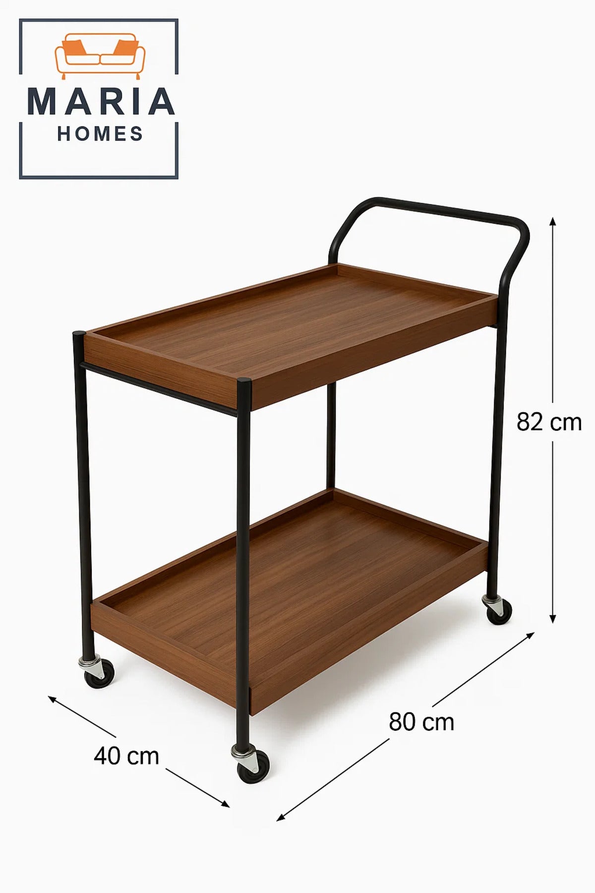 عربة تقديم بار خشبية حديثة بطابقين – لمسة نهائية من خشب الجوز مع إطار وعجلات معدنية سوداء