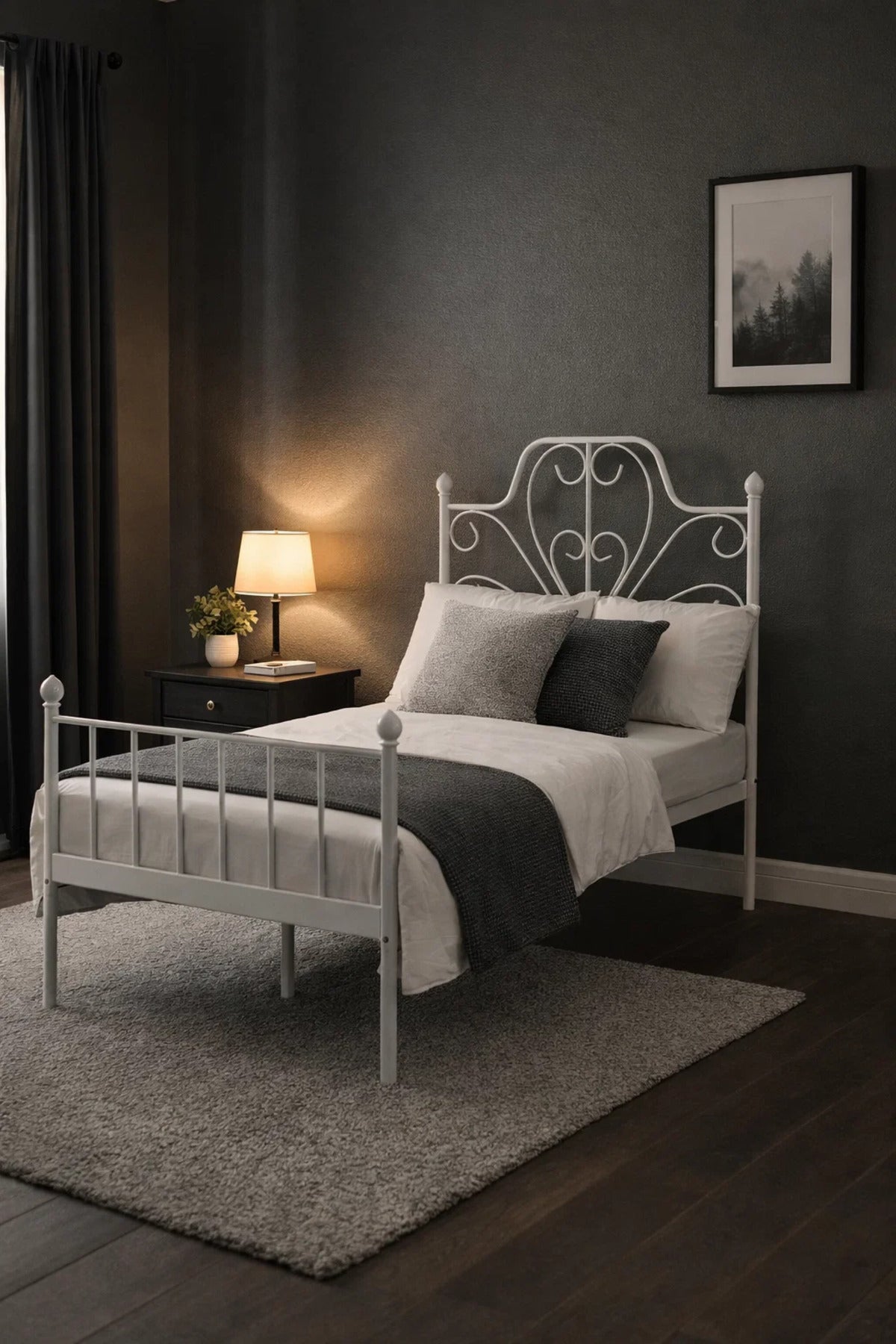 White Metal Bed Frame with Decorative Headboard WHITE (90*190 cm)