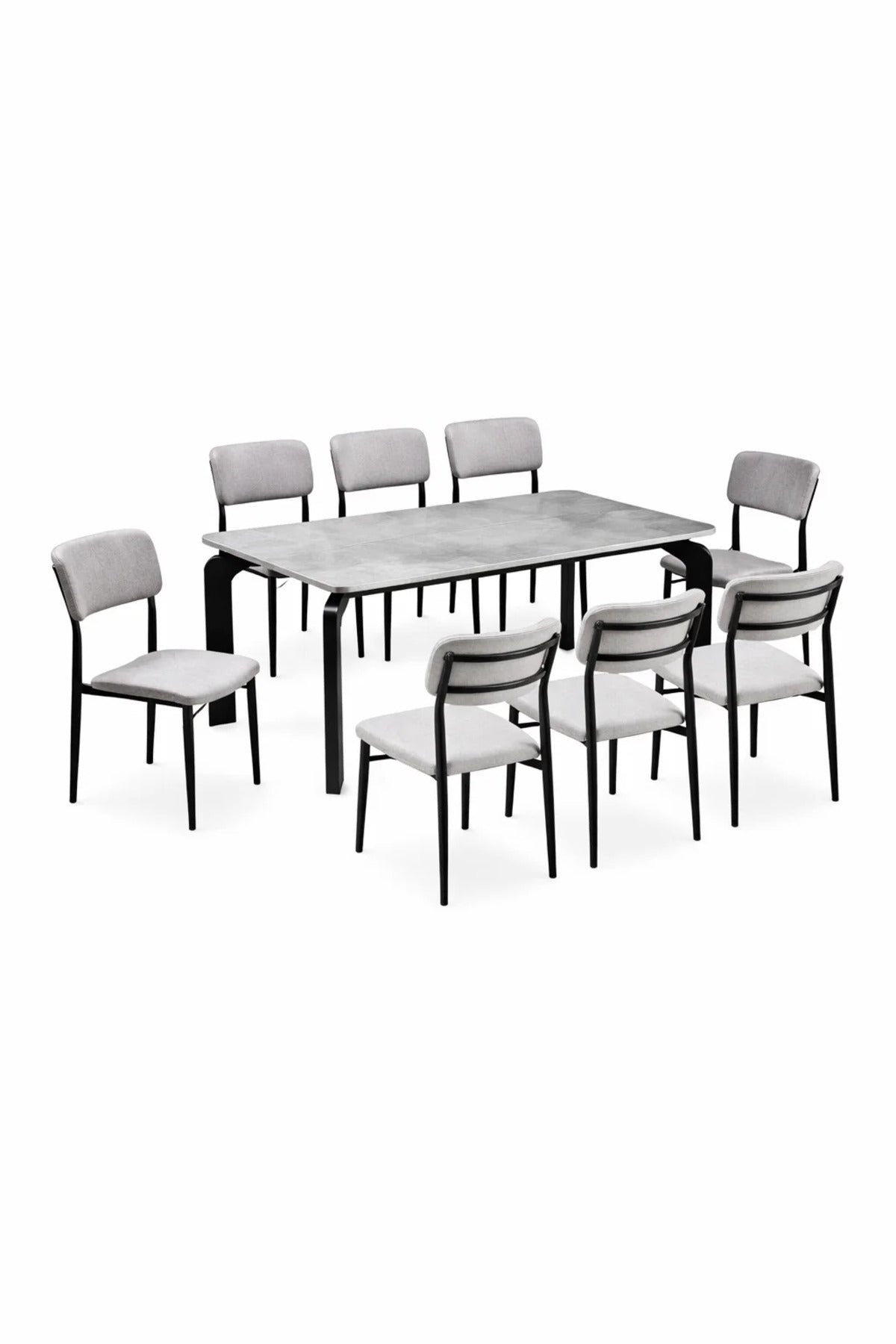 Modern 9-Piece Dining Table Set with 8 Upholstered Chairs Marble Pattern Top Black Metal Legs Grey