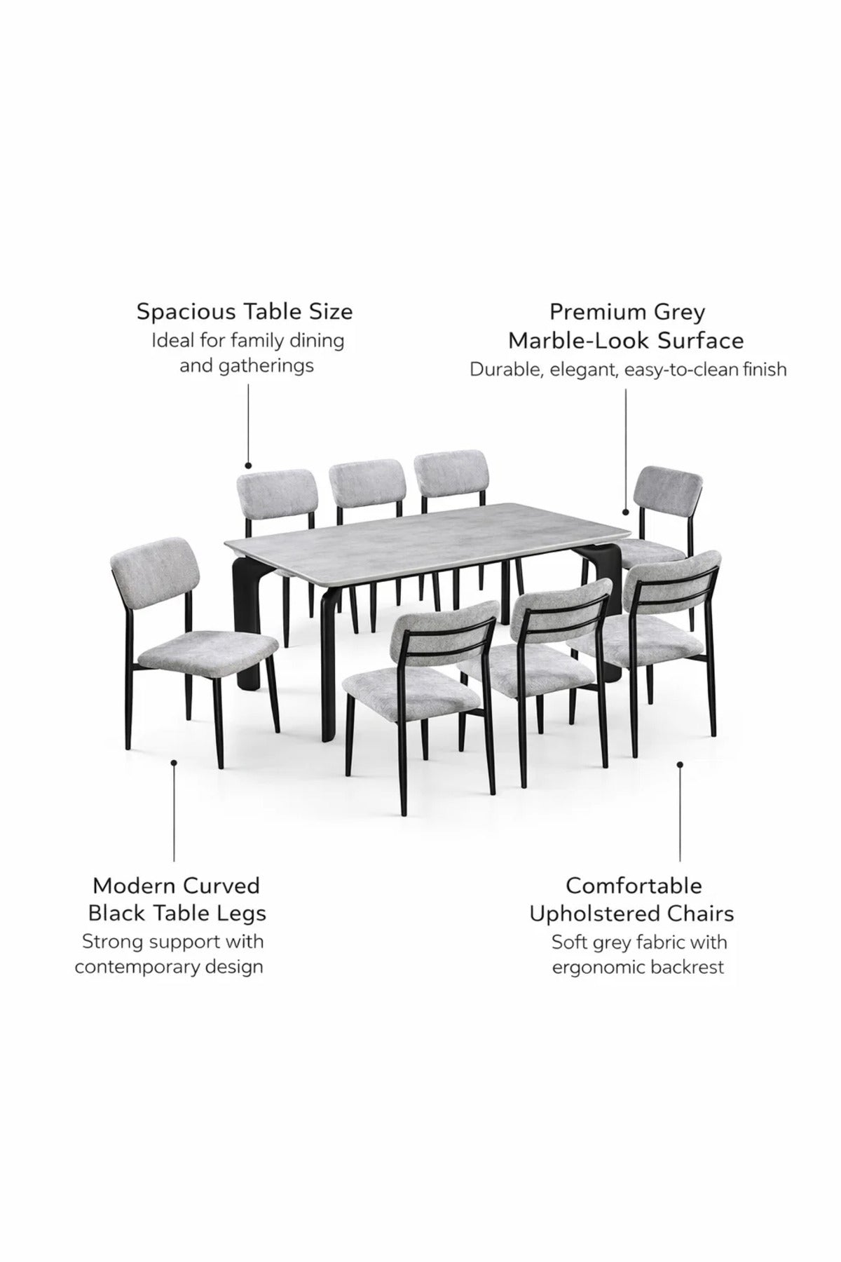 Modern 9-Piece Dining Table Set with 8 Upholstered Chairs Marble Pattern Top Black Metal Legs Grey